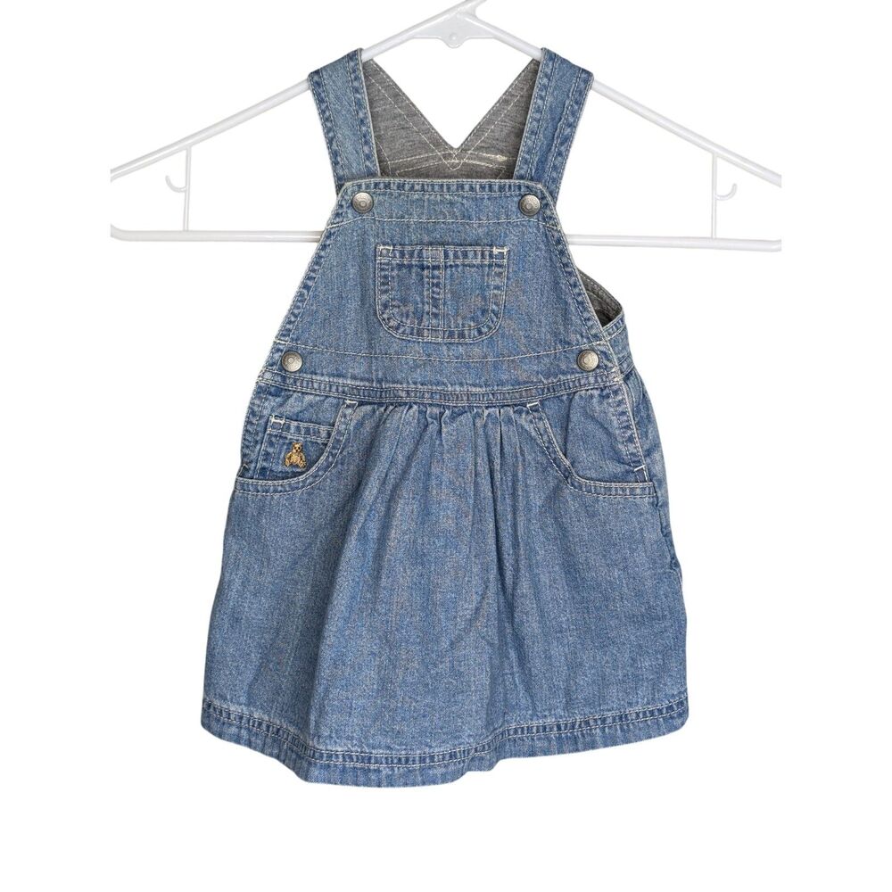 Vintage Y2K Baby Gap Denim Jumper Overall Dress 3-6 Mos Teddy Bear Logo Lined